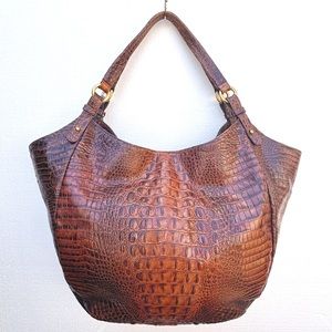 Brahmin XL Melbourne Croc Embossed Leather Hobo Tote Handbag - Pecan Brown